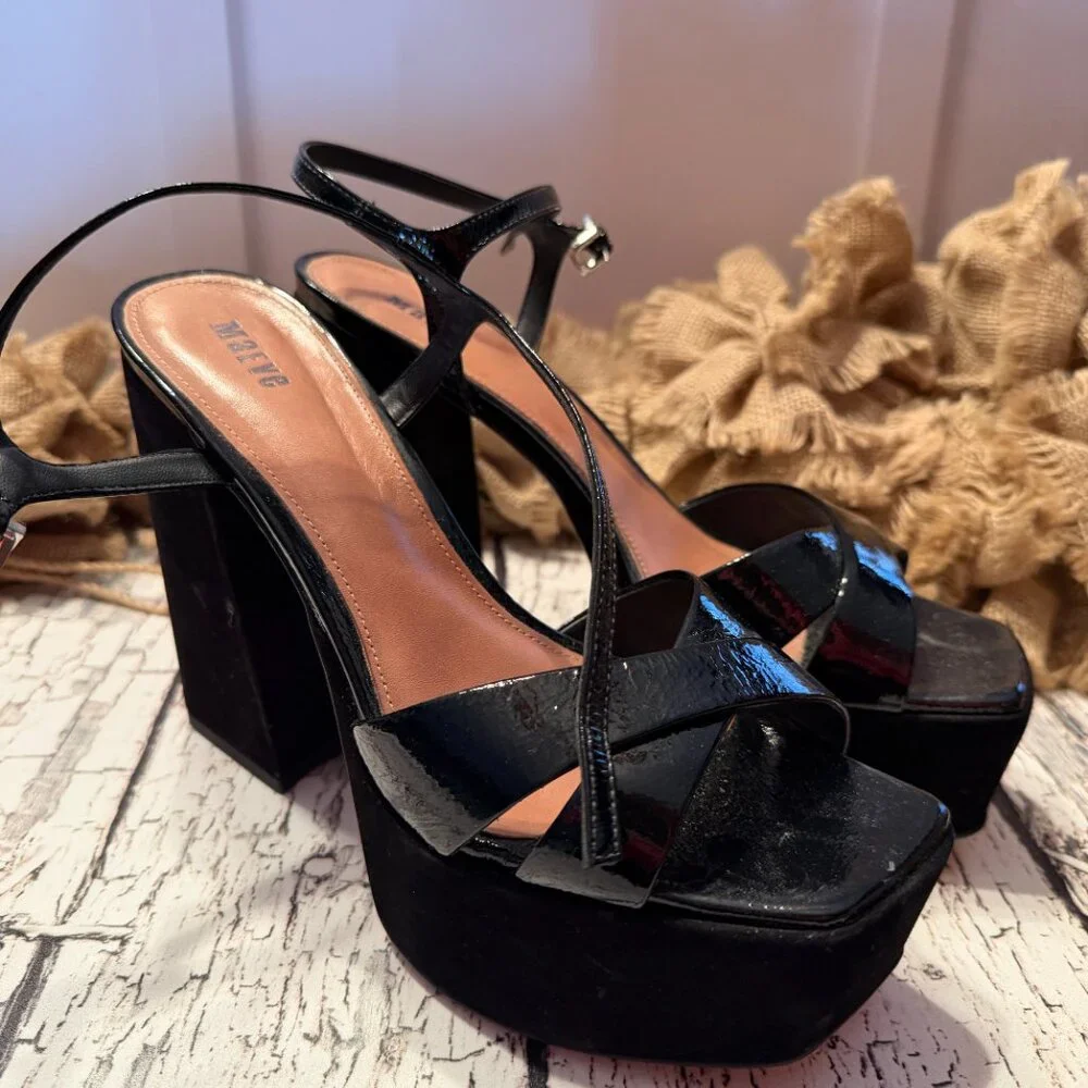 Womens Maeve Anthropologie Platform Ankle Buckle Heels Black Size 40 - Picture 3 of 7